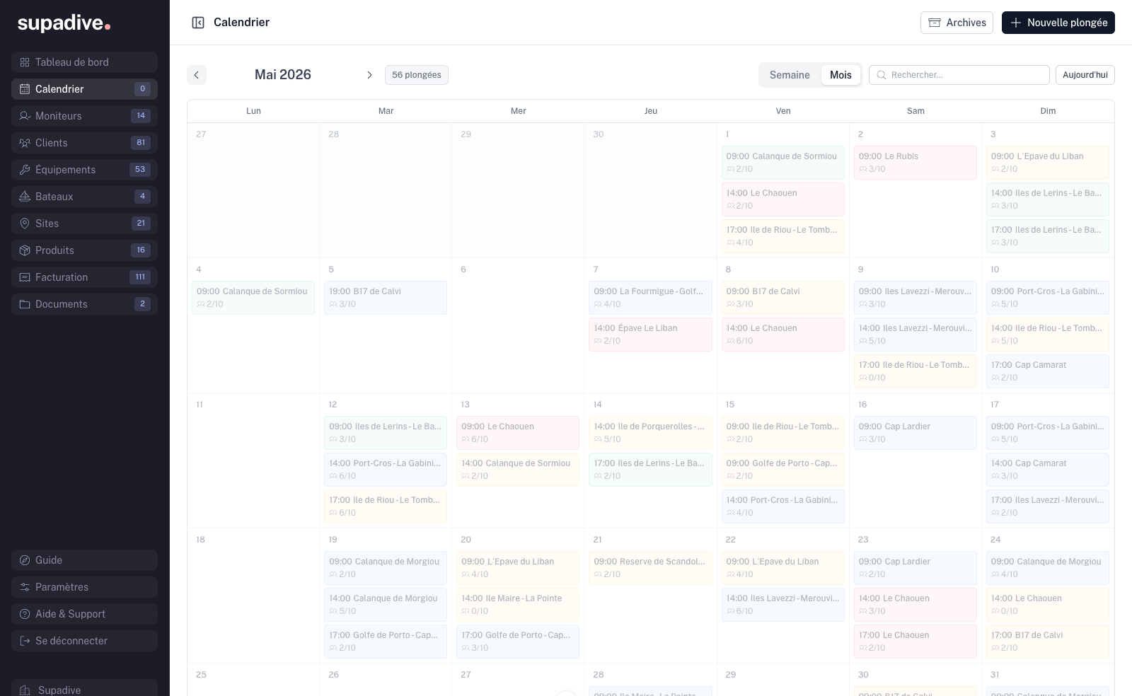 Calendrier hebdomadaire des sorties de plongée dans Supadive