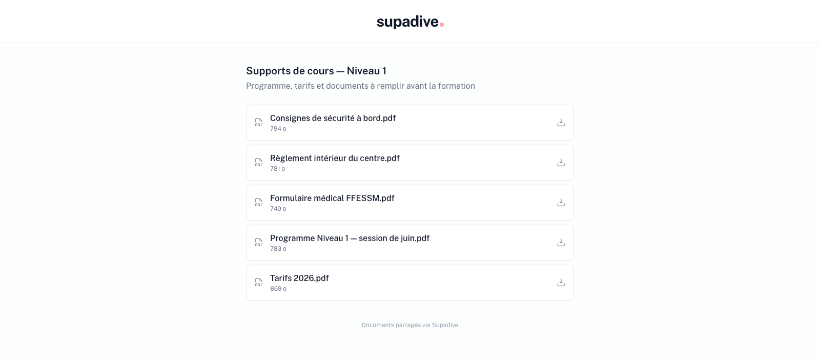 Page de partage vue par le destinataire : le nom du dossier et les fichiers téléchargeables, sans compte ni installation
